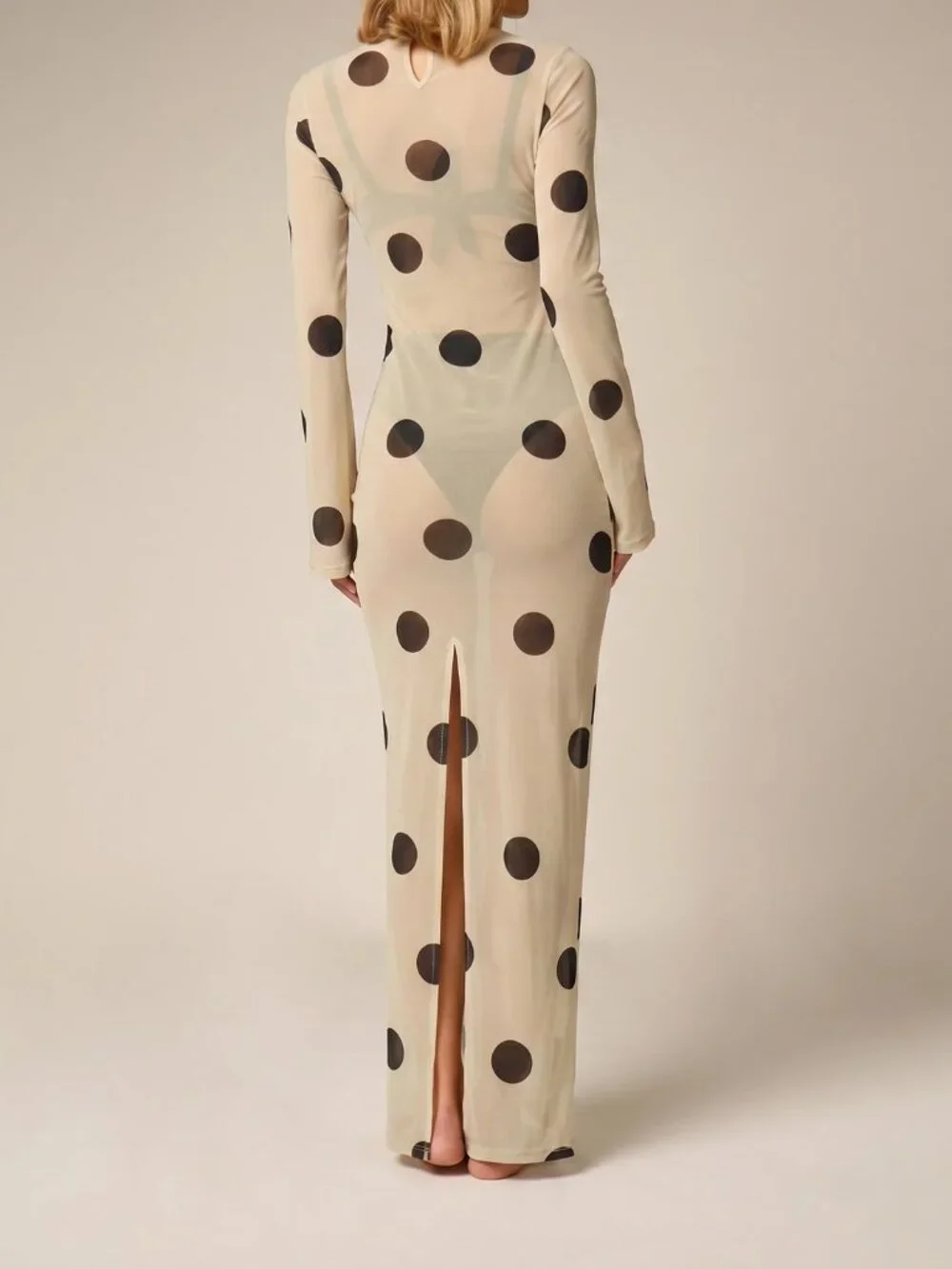 White Elegant Women's Polka Dot Extra-Long Sleeve Pencil Dress